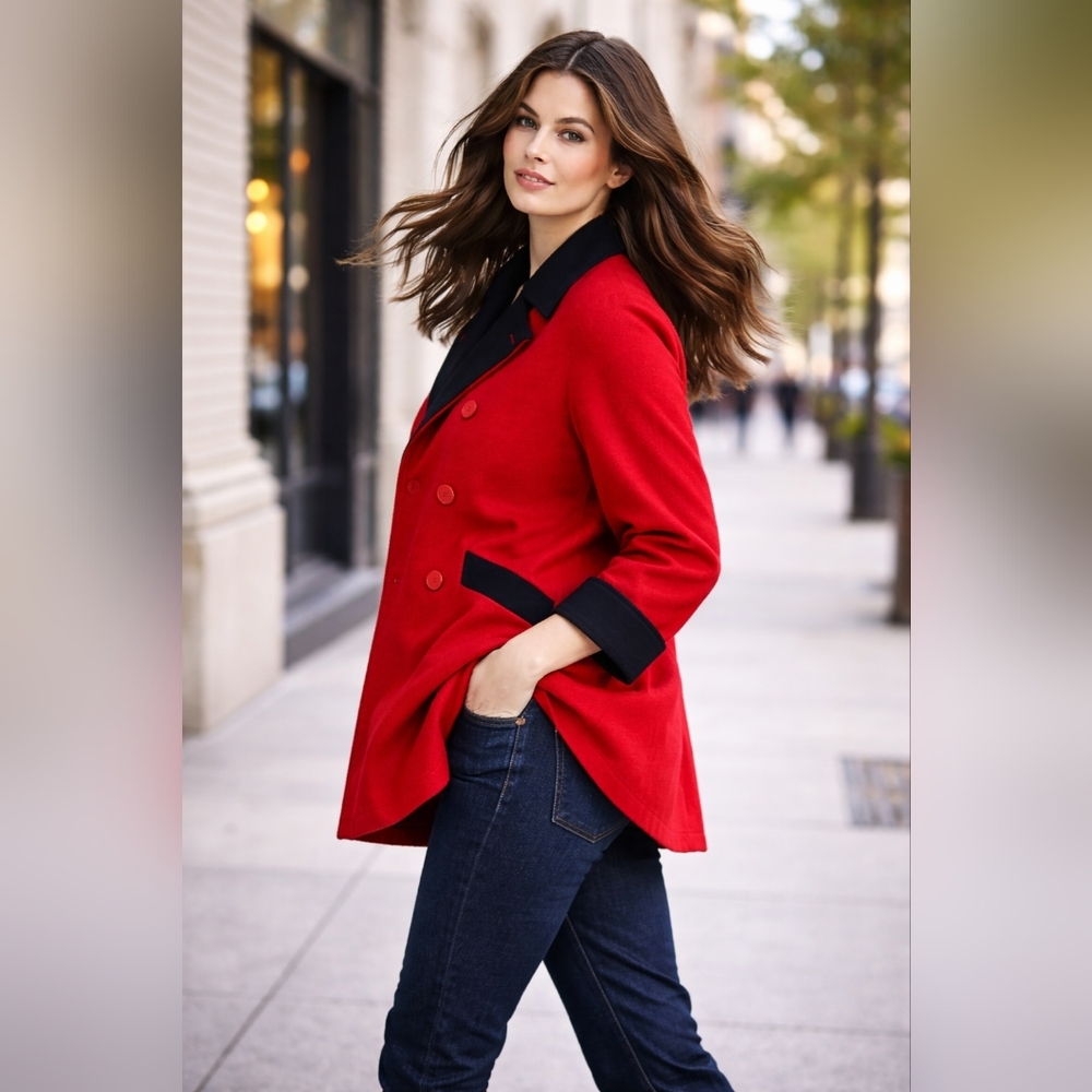 Double-Breasted Pea Coat in Vibrant Red and Black